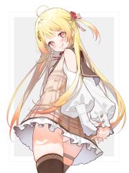 1girl absurdres ahoge ass blonde_hair blush clothing_cutout dress fortissimo hair_ornament hair_ribbon highres hololive hololive_dev_is jacket long_hair looking_at_viewer marimo_ke musical_note musical_note_hair_ornament one_side_up open_mouth otonose_kanade otonose_kanade_(1st_costume) plaid_clothes plaid_dress red_eyes red_ribbon ribbon shoulder_cutout smile solo thighhighs tongue tongue_out virtual_youtuber white_jacket