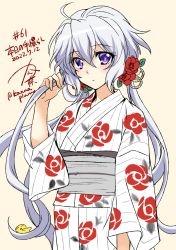 2022 ahoge blush dated flower highres holding holding_own_hair japanese_clothes kanna_(plum) kimono low_twintails numbered painttool_sai_(medium) purple_eyes sash senki_zesshou_symphogear shiny_skin simple_background twintails twitter_username white_hair yukata yukine_chris