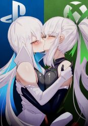 Rule 34 | 2girls, black dress, black sleeves, blush, bodysuit, breast press, detached sleeves, dress, gloves, highres, hug, kiss, long hair, merryweather, multiple girls, original, playstation 5 (personification), playstation logo, ponytail, sleeveless, sleeveless dress, white bodysuit, white gloves, white sleeves, xbox logo, xbox series x (personification), yuri