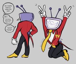 1boy ant_tenna belt black_belt black_pants commentary deltarune double_v english_commentary english_text full_body gloves grey_background highres icy41777 male_focus multiple_views necktie object_head pants pointy_nose shoes simple_background smile tail tailcoat teeth tumblr_username v white_gloves yellow_necktie yellow_shoes