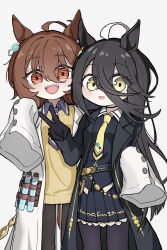 Rule 34 | 2girls, absurdres, agnes tachyon (umamusume), ahoge, arm around waist, belt, black belt, black choker, black coat, black gloves, black hair, black pantyhose, black shirt, black skirt, brown hair, chemical structure, chibi, choker, coat, collared shirt, commentary request, ear tag, earrings, gloves, hair between eyes, hand up, hem peeking out, highres, jewelry, lab coat, long hair, long hair between eyes, manhattan cafe (umamusume), medium hair, multicolored hair, multiple girls, necktie, open clothes, open coat, open mouth, pantyhose, parted lips, pleated skirt, red eyes, shirt, short hair, simple background, single earring, skirt, sleeves past fingers, sleeves past wrists, smile, teeth, test tube, umamusume, upper teeth only, user amgc4352, v, very long hair, white background, white coat, yellow eyes, yellow necktie