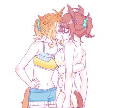 2girls absurdres agnes_tachyon_(umamusume) animal_ears ass bare_arms bare_shoulders bikini blue_shorts blush braid breasts brown_hair cleavage closed_eyes closed_mouth clothing_cutout hair_between_eyes hand_on_own_hip highres horse_ears horse_girl horse_tail jungle_pocket_(umamusume) multiple_girls navel one-piece_swimsuit ponytail red_eyes seila_rei shorts simple_background small_breasts swimsuit tail tail_through_clothes umamusume white_background white_one-piece_swimsuit yellow_bikini yuri