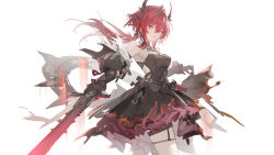 1girl absurdres arknights black_dress black_horns breasts cowboy_shot detached_sleeves dress from_side hair_intakes highres holding holding_sword holding_weapon horns long_hair looking_at_viewer looking_to_the_side luozhou_pile medium_breasts purple_eyes red_hair solo surtr_(arknights) sword weapon