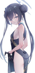 1girl absurdres asahinakoru bare_arms bare_shoulders black_dress black_gloves black_hair blue_archive china_dress chinese_clothes dress flat_chest from_side gloves hair_bun highres kisaki_(blue_archive) loli long_hair looking_at_viewer parted_lips sidelocks sleeveless sleeveless_dress smile solo twintails