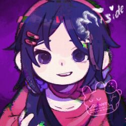 1girl copyright_name deformed looking_at_viewer miside mita_(miside) purple_eyes purple_hair smile solo straight-on yknsugar