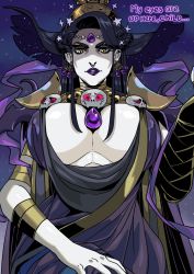 1girl ancient_greek_clothes armlet armor between_breasts black_dress black_hair bracer breasts cleavage commentary covered_erect_nipples dress earrings english_commentary english_text eyebrows eyeliner floating_hair forehead_jewel from_below furrowed_brow gauntlets gem greco-roman_clothes hades_(series) hades_1 hand_on_own_thigh headdress highres huge_breasts jewelry kibazoku large_breasts lipstick looking_at_viewer makeup mature_female neck_ring no_bra nyx_(hades) pale_skin pauldrons pov purple_lips shoulder_armor single_gauntlet skull_ornament sky solo star_(sky) starry_sky tall_female yellow_eyes