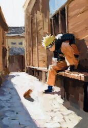 1boy animal bench black_headband black_shirt blonde_hair building cup frog fuyumurasaki headband highres holding holding_cup house looking_at_animal male_focus naruto_(series) orange_pants outdoors painterly pants shirt short_hair sitting solo spiked_hair stone_floor sunlight uzumaki_naruto