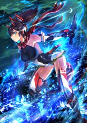 1girl armored_boots asura_ninja bare_shoulders blue_eyes boots breasts brown_hair city cityscape dual_wielding elbow_gloves gloves glowing highres holding holding_sword holding_weapon large_breasts leotard long_hair looking_at_viewer mecha_musume megami_device moon night night_sky ninja outdoors parted_lips ponytail red_scarf scarf shingo_(picturepuzzle) short_sword sky solo sword thighhighs variant_set weapon