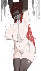 1girl absurdres armpits arms_up bdsm bikini black_gloves black_thighhighs bound breasts chain elbow_gloves female_focus gloves highres huge_breasts long_hair mochirong mouth_veil original ponytail red_hair shadow side-tie_bikini_bottom sidelocks solo swimsuit thighhighs torn_clothes torn_thighhighs veil white_bikini