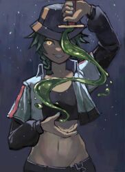 1girl arm_up black_background black_hat black_shirt blue_nails borrowed_character breasts collared_jacket crop_top cropped_jacket cropped_shirt cupping_hand dark-skinned_female dark_skin double-parted_bangs drawpile_(medium) evil_grin evil_smile fang glowing glowing_eye glowing_eyes grey_hair grin groin hair_between_eyes hair_over_shoulder half-closed_eyes hat highres holding holding_sword holding_weapon jacket long_eyelashes long_sleeves looking_at_viewer lowleg medium_hair midriff narrowed_eyes navel one_eye_covered open_clothes open_hand open_jacket original puffy_long_sleeves puffy_sleeves shaded_face shirt short_sleeves side_ponytail sidelocks sketch slime_(substance) small_breasts smile smirk solo spiked_hair straight-on sword sword_in_front_of_face teeth telekinesis thick_eyelashes trilby upper_body vertigris weapon white_jacket yellow_eyes