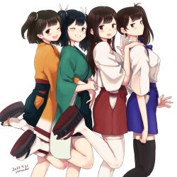 4girls akagi_(kancolle) black_hair black_thighhighs blue_hakama breasts brown_eyes commentary_request cowboy_shot green_hakama green_kimono hakama hakama_short_skirt hakama_skirt highres hiryuu_(kancolle) japanese_clothes kaga_(kancolle) kantai_collection kimono large_breasts multiple_girls okobo one_eye_closed orange_kimono platform_sandals red_hakama sandals side_ponytail skirt socks souryuu_(kancolle) standing standing_on_one_leg thighhighs twintails white_socks white_thighhighs yonnada