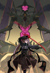 1girl cloud crow_amiheart duel_monster grey_hair highres holding holding_sword holding_weapon mecha military_uniform red_eyes robot sky_striker_ace_-_roze sky_striker_ace_-_zeke sword twintails weapon yu-gi-oh!