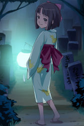 00s 1girl blunt_bangs feet female_focus fog from_behind grave graveyard haruyama_kazunori ikegami_kaori japanese_clothes kaidan_restaurant kimono lantern looking_back obi paper_lantern sandals sash see-through_clothes silhouette solo yukata