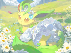 absurdres blue_flower brown_eyes clothed_pokemon commentary_request day dress flong flower gen_4_pokemon grass green_fur hairband highres leafeon leafeon_(checkered) looking_at_viewer looking_back nintendo no_humans official_alternate_costume outdoors pokemon pokemon_(creature) pokemon_focus pokemon_unite red_petals solo two-tone_fur white_dress white_flower white_hairband yellow_fur