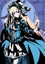 2024 absurdres alice_(arcaea) arcaea blonde_hair blue_dress blue_eyes card clock dress eternalcompass highres holding holding_card long_hair playing_card roman_numeral solo very_long_hair