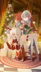 2girls absurdres all_fours antlers artist_name bag bare_shoulders blush box breasts christmas christmas_tree claw_pose cleavage cleavage_cutout clothing_cutout covered_erect_nipples crossed_legs dated demon_girl duel_monster earrings garter_straps gift gift_box green_leotard grey_eyes grey_hair hat highres holding holding_bag horns human_chair human_furniture jewelry kitkallos_(yu-gi-oh!) large_breasts leotard long_hair lovely_labrynth_of_the_silver_castle multiple_girls pointy_ears rare_lemon red_hat red_leotard red_thighhighs santa_costume santa_leotard sitting sitting_on_person slit_pupils tearlaments_kitkallos thighhighs yu-gi-oh! yuri