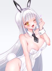 17ho_10ban 1girl absurdres animal_ears ascot black_ascot blanc_(nikke) blunt_bangs blush breasts cowboy_shot detached_collar eyelashes fake_animal_ears fake_tail fang goddess_of_victory:_nikke highres large_breasts leotard long_hair looking_at_viewer one_eye_closed open_mouth playboy_bunny rabbit_ears skin_fang solo tail white_leotard wrist_cuffs yellow_eyes