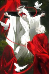 1other 2boys 719552599 absurdres aotsuki_eito bird black_streaks bleeding blood blue_eyes cross crucifixion glasses grass green_background grey_eyes grey_hair halo hashtag-only_commentary highres impaled injury latin_cross looking_ahead looking_at_viewer male_focus multicolored_hair multiple_boys nail_(hardware) outstretched_arm outstretched_arms outstretched_hand red_hair red_robe robe separated_arms short_hair smile spread_arms streaked_hair sumino_takumi the_hundred_line_-last_defense_academy- white_robe