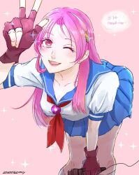 asamiya_athena fingerless_gloves gloves idol one_eye_closed pink_hair psycho_soldier school_uniform snk staring_at_person the_king_of_fighters the_king_of_fighters_xi wink