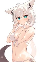 Rule 34 | 1girl, absurdres, ahoge, animal ear fluff, animal ear piercing, animal ears, aqua eyes, bikini, blush, braid, breasts, cleavage, commentary request, crossed bangs, fox ears, fox girl, fox tail, front-tie bikini top, front-tie top, hair between eyes, halterneck, hands up, highres, holding, holding own hair, hololive, long hair, looking at viewer, low ponytail, medium breasts, pentagram, ponytail, shirakami fubuki, side-tie bikini bottom, side braid, simple background, single braid, solo, swimsuit, tail, upper body, verdey, very long hair, virtual youtuber, white background, white bikini, white hair