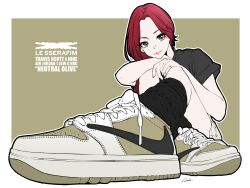 1girl air_jordan air_jordan_1 animification bambi_surprise black_shirt black_socks border copyright_name food_focus footwear_focus green_background green_eyes highres huh_yun-jin k-pop le_sserafim long_hair looking_at_viewer nike_(company) outside_border real_life red_hair shirt signature sitting smile socks solo travis_scott white_border