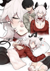 1boy 1girl absurdres alternate_costume bags_under_eyes black_eyes black_hair black_horns black_leggings black_pants black_tail blush breasts cleavage closed_eyes closed_mouth collarbone commentary curled_horns demon_tail english_commentary feet flower foot_massage grey_hair grey_shirt hair_between_eyes highres horns husband_and_wife large_breasts leggings light_blush long_hair lying male_rover_(wuthering_waves) massage medium_hair mimikaki mole mole_on_breast mole_under_eye multicolored_hair multiple_views on_stomach open_mouth pants pantylines parted_lips pillow red_shirt rover_(wuthering_waves) shirt shoulder_massage soles steaming_body streaked_hair tail tight_clothes tight_pants toes towel twitter_username white_hair wuthering_waves yuushiba zani_(wuthering_waves)