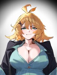 Rule 34 | 1girl, absurdres, aqua eyes, aqua shirt, blonde hair, breasts, cleavage, closed mouth, commentary, daaku (koizumi arata), dokibird, english commentary, hair ornament, highres, indie virtual youtuber, large breasts, looking at viewer, medium hair, shirt, solo, virtual youtuber, x hair ornament