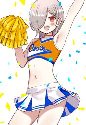 1boy absurdres armpits blush check_commentary commentary_request confetti cowboy_shot crossdressing crossdressing_(mtf) grey_hair highres long_hair male_focus mars_symbol medium_hair midriff miniskirt navel open_mouth orange_tube_top original pleated_skirt pom_pom_(cheerleading) red_eyes simple_background skirt smile strapless teeth trap tube_top upper_teeth_only vae white_background white_skirt