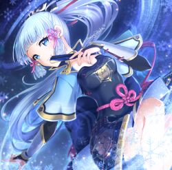 1girl aqua_dress aqua_eyes aqua_hair armored_skirt ayaka_(genshin_impact) blunt_bangs blush breasts bridal_gauntlets cleavage closed_mouth collarbone dress genshin_impact hair_ornament hand_fan holding holding_fan long_hair long_sleeves looking_at_viewer manji_taba medium_breasts mole mole_under_eye ponytail smile solo