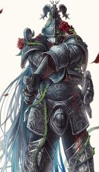 Rule 34 | 1boy, arm armor, armor, banished knight, banished knight oleg, bleeding, blood, blood on armor, blue hair, breastplate, codpiece, commentary, cowboy shot, crossed arms, elden ring, english commentary, falling petals, flower, full armor, gauntlets, greaves, helmet, highres, holding, holding sword, holding weapon, long hair, male focus, petals, red flower, red petals, red rose, rose, shoulder armor, simple background, solo, sword, tworain w, very long hair, weapon, white background