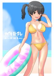 1girl bikini borrowed_character breasts fangs gaki_kyonyuu hair_between_eyes highres innertube large_breasts navel open_mouth original red_eyes sasaki_kanna side-tie_bikini_bottom solo swim_ring swimsuit twintails yellow_bikini