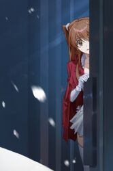 1girl brown_eyes brown_hair cheese_kang choker dress elbow_gloves gloves hair_between_eyes jacket jacket_on_shoulders long_hair ogiso_setsuna parted_lips red_jacket scrunchie snow thighhighs twintails white_album_(series) white_album_2 white_choker white_dress white_gloves white_scrunchie white_thighhighs