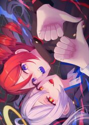 2girls :d aurora black_background black_horns black_jacket blue_eyes daidaidaidaidaikirai drill_hair fang fingernails hair_between_eyes hatsune_miku highres horns jacket kasane_teto looking_at_viewer multiple_girls nagi-negitoro open_mouth pink_nails red_eyes red_hair sharp_teeth side_drill side_ponytail sideways smile symbol-shaped_pupils teeth thumbs_down upper_body upper_teeth_only utau vocaloid white_hair