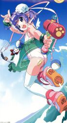 Rule 34 | absurdres, bandaid, blue eyes, blush stickers, double bun, fang, hair bun, highres, mii (popotan), non-web source, official art, one-piece swimsuit, popotan, purple hair, school swimsuit, swimsuit, thighhighs, watanabe akio, white thighhighs