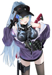 absurdres baseball_cap black_hat black_thighhighs blue_hair cow flashbang girls&#039;_frontline girls&#039;_frontline_2:_exilium gloves green_eyes hand_on_own_hip hat highres hk416_(girls&#039;_frontline) index_finger_raised jacket klukai_(girls&#039;_frontline_2) long_hair mo_awanai off_shoulder partially_unzipped thighhighs white_background
