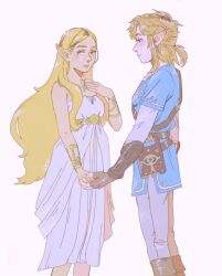1boy 1girl absurdres arm_guards belt blonde_hair blue_eyes blush bracelet champion&#039;s_tunic_(zelda) chest_strap dress empire_waist fingerless_gloves from_side gloves green_eyes hair_behind_ear half_updo hand_on_own_chest hetero highres holding_hands jewelry light_smile link long_hair looking_at_another medium_hair necklace nintendo official_alternate_costume parted_bangs parted_lips pointy_ears princess_zelda profile sheikah_slate strapless strapless_dress sweat the_legend_of_zelda the_legend_of_zelda:_breath_of_the_wild triforce tunic undershirt verieas wavy_hair white_dress