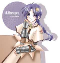 1girl 2000s_(style) blush braid braided_ponytail brown_dress capelet chest_guard commentary_request cowboy_shot dated_commentary dress fingerless_gloves floral_print gauntlets gloves hair_ornament long_hair long_sleeves looking_at_viewer lowres open_mouth purple_eyes purple_hair ragnarok_online rose_print sharari smile solo star_(symbol) star_hair_ornament swordsman_(ragnarok_online) white_background white_capelet