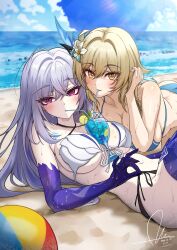 2girls absurdres artist_name ball bare_shoulders beach beachball between_breasts bikini blonde_hair blue_bikini blush breasts cleavage closed_mouth collarbone commentary_request criss-cross_halter dasoin dated day drinking_straw drinking_straw_in_mouth flower genshin_impact hair_between_eyes hair_flower hair_ornament halterneck highres large_breasts looking_at_viewer lumine_(genshin_impact) multiple_girls outdoors prosthesis short_hair_with_long_locks signature skirk_(genshin_impact) swimsuit water white_bikini white_flower yellow_eyes yuri