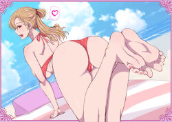 1girl ass barefoot bikini blonde_hair brown_eyes feet highres long_hair looking_back mole mole_under_mouth open_mouth soles swimsuit toes yoshiyoshiya