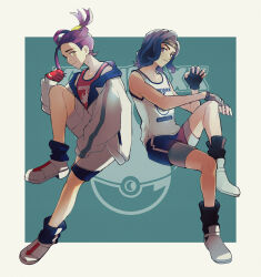 1boy 1girl black_gloves black_socks blue_shorts blue_socks closed_mouth commentary_request fingerless_gloves fuku-ro gloves grey_shoes headband highres invisible_chair jacket juliana_(pokemon) kieran_(pokemon) mole mole_on_neck nintendo off_shoulder open_clothes open_jacket poke_ball_print pokemon pokemon_sv purple_hair red_gloves red_tank_top shoes shorts simple_background single_glove sitting sleeveless socks tank_top white_jacket white_shoes white_shorts white_tank_top yellow_eyes