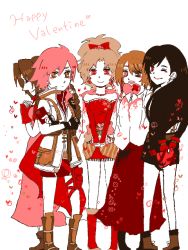 00s 10s 1990s_(style) 5girls aerith_gainsborough final_fantasy final_fantasy_vi final_fantasy_vii final_fantasy_x final_fantasy_xiii gift heart lightning_farron looking_at_viewer multiple_girls oekaki tifa_lockhart tina_branford valentine yuna