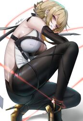 1girl absurdres back bare_shoulders black_pants blonde_hair breasts chest_harness cleavage commentary commentary_typo earrings elbow_gloves evelyn_chevalier gloves harness high-waist_pants high_heels highres holding holding_knife jewelry knife large_breasts mole mole_under_eye necktie pants purple_eyes rudang see-through_cleavage see-through_clothes signature simple_background single_elbow_glove solo squatting tight_clothes tight_pants white_background yellow_necktie zenless_zone_zero