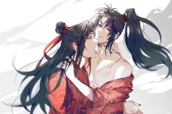 Rule 34 | 2boys, alternate costume, bare pectorals, bare shoulders, bishounen, bite mark, biting, black hair, black nails, chinese clothes, chinese wedding, closed mouth, collarbone, couple, dress, floating hair, hair ribbon, hair tie, hand on another&#039;s neck, hand on another&#039;s shoulder, hanfu, headband, high ponytail, highres, hug, jujeop, korean commentary, lan wangji, long hair, long sleeves, looking at viewer, male focus, modao zushi, multiple boys, nail polish, nipples, off shoulder, open clothes, open mouth, open robe, pectorals, ponytail, red eyes, red hanfu, red headband, red ribbon, ribbon, robe, sidelocks, smile, smoke, topknot, topless male, upper body, wedding dress, wei wuxian, white background, wide sleeves, xiao guan (headdress), yaoi, yellow eyes
