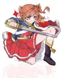 &gt;:) 1girl aijou_karen belt belt_buckle black_boots blue_jacket blush boots bow brown_eyes brown_hair buckle closed_mouth commentary_request crown epaulettes floating_hair full_body fur-trimmed_jacket fur_trim glint hand_up highres holding holding_sword holding_weapon jacket jacket_on_shoulders korean_commentary looking_at_viewer mini_crown miniskirt multicolored_jacket on_one_knee red_jacket red_skirt reflection short_hair shoujo_kageki_revue_starlight simple_background single_stripe skirt smile solo striped_clothes striped_skirt sword tassel tilted_headwear two-tone_jacket two_side_up v-shaped_eyebrows waist_cape weapon white_background yayaho yellow_belt