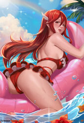 1girl :d ass back bikini bikini_skirt blush breasts cleft_of_venus cordelia_(fire_emblem) cordelia_(knight_paradise)_(fire_emblem) day exlic fire_emblem fire_emblem_awakening fire_emblem_heroes flower from_behind hair_ornament highres inflatable_toy long_hair looking_at_viewer looking_back medium_breasts nintendo official_alternate_costume open_mouth orange_flower outdoors palm_tree partially_visible_vulva red_bikini red_hair smile solo straddling sunlight swimsuit tree water wing_hair_ornament