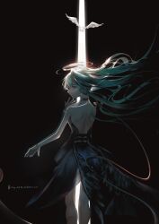 1girl absurdres alternate_costume aqua_eyes aqua_hair backless_dress backless_outfit bare_shoulders barefoot bird black_background black_dress black_wings bluesnowrizi closed_mouth dress from_behind halo hatsune_miku highres long_hair looking_back low_wings solo twintails very_long_hair vocaloid walking wings