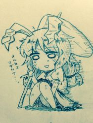 1girl animal_ears bruise bruise_on_face commentary_request dress earclip efukei female_focus full_body holding injury kine long_hair mallet monochrome o_o one-hour_drawing_challenge open_mouth puffy_short_sleeves puffy_sleeves rabbit_ears seiran_(touhou) short_sleeves sitting solo tears touhou traditional_media translation_request