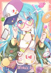 1girl 39 :q absurdres aqua_hair bag black_choker blonde_hair blue_eyes bow bow_choker brown_bag candy cd choker commentary_request food green_jacket hair_between_eyes hair_ornament hair_scrunchie hairclip hat hatsune_miku heart heart-shaped_eyewear highres holding holding_candy holding_food holding_lollipop jacket lollipop looking_at_viewer miku_day multicolored_hair nail_polish open_clothes open_jacket orange_hair pina710 pink-framed_eyewear pink_hair pink_scrunchie scrunchie shoulder_bag solo streaked_hair tinted_eyewear tongue tongue_out twintails vocaloid wrapped_candy yellow-tinted_eyewear