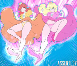 2girls assentlov blonde_hair blue_eyes breasts brown_hair crown dress earrings flower_earrings gloves grin high_heels jewelry kamen_rider kicking legs long_hair mario_(series) multiple_girls navel nintendo orange_dress panties pink_panties princess_daisy princess_peach puffy_short_sleeves puffy_sleeves short_sleeves smile the_super_mario_bros._movie underwear upskirt