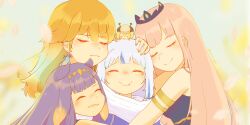 5girls aqua_hair bee_costume blue_hair blunt_bangs closed_eyes diamond_hairband facing_viewer fang fang_out gawr_gura gradient_hair group_hug hand_on_another&#039;s_head highres hololive hololive_english holomyth hug iamurnae long_hair mini_person mini_person_on_head minigirl mole mole_under_eye mori_calliope multicolored_hair multiple_girls ninomae_ina&#039;nis orange_hair pink_hair purple_hair smile smol_ame streaked_hair takanashi_kiara two-tone_hair virtual_youtuber watson_amelia white_hair
